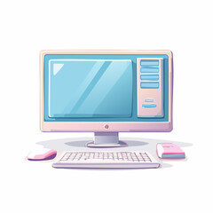 Fototapeta premium cute pastel flat illustration of a desktop computer, office equipment, soft pastel colors, thick rounded outline, minimal detail, kawaii style