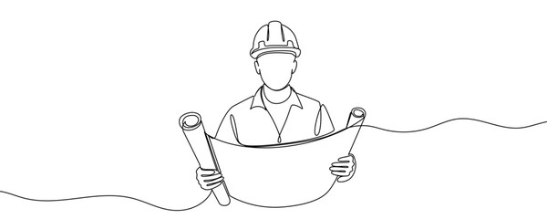 Engineer or builder in a hard hat holding a blueprint in one line art style. Drawing of a specialist with a construction plan made with a continuous black stroke on a white background.