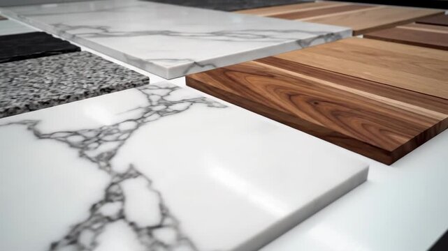 Various types of material samples including stone, marble, granite, and wood neatly arranged on a white surface. video