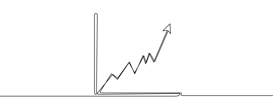 Growth chart with an upward arrow in line art style. Minimalist drawing of a financial trend in a frame, made in a continuous line. Vector illustration.