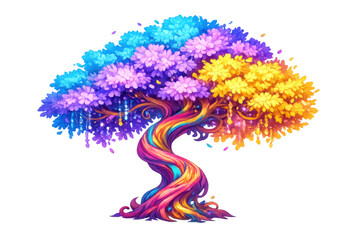 Obraz premium Fantasy rainbow tree with vibrant colorful foliage on a magical spiral trunk, a whimsical nature element