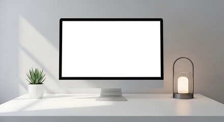 Fototapeta premium Modern desk setup with computer monitor, lamp, and plant in a minimalist office environment viewed from the front