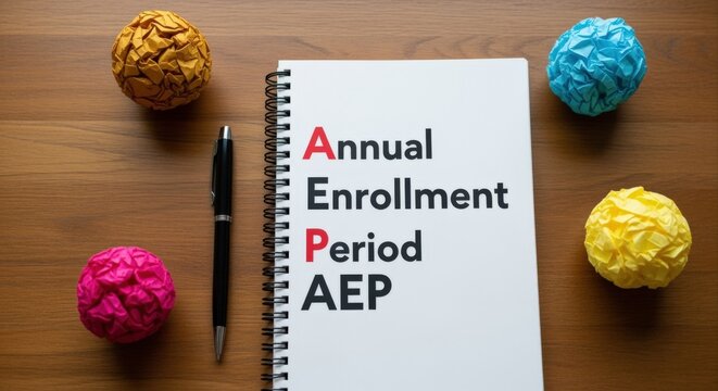 Annual Enrollment Period reminder on notebook with colorful paper balls symbolizing renewal