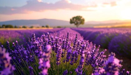 Fototapeta premium Field of purple lavender blossoms under a colorful sunset sky. Mountains in distance