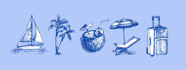 Naklejka premium Vintage summer coastal set. Retro sketch beach vacation stickers. Hand drawn vector illustration.