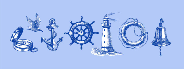 Vintage summer sea set. Retro sketch beach vacation stickers. Hand drawn vector illustration. © pim