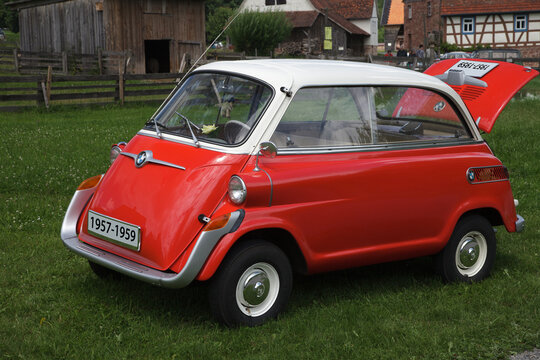 BMW Isetta microcar produced between 1957 and 1959 photographed outdoors
