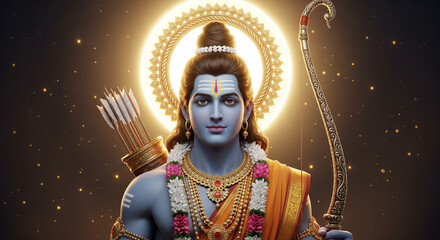 Fototapeta premium Divine portrait of Lord Rama holding sacred bow with radiant halo symbolizing dharma devotion spiritual strength and Indian cultural faith during Ram Navami