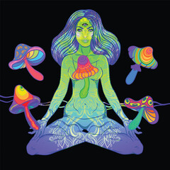 Vector illustration of a woman with mushrooms in a New Age psychedelic style. Concept of psilocybin, consciousness expansion, yoga, spirituality, and hippie culture with symbolic, colorful details.