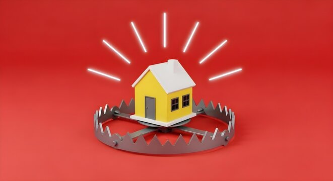 Real Estate Trap: Yellow house model placed inside sharp metal animal trap, mortgage debt danger, property investment risk, housing market crisis and financial pitfall concept