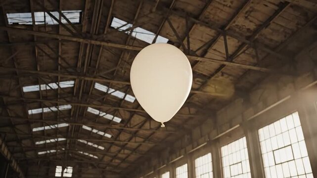 Floating Balloon in Empty Industrial Warehouse Space.