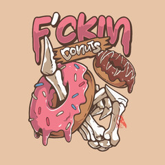 hand drawn vector illustration of a heart and bones fuccking donuts