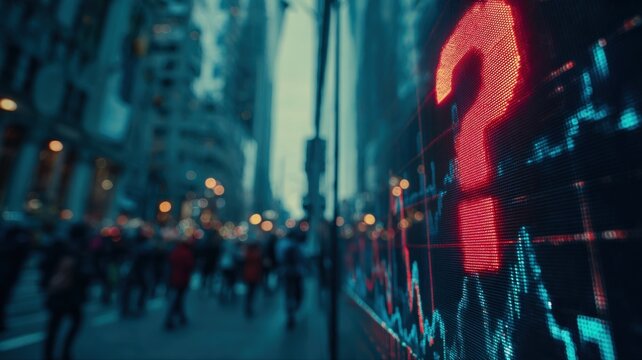 Question Mark on Digital Display with Blurred Cityscape Background, Conceptual Image of Uncertainty and Market Analysis
