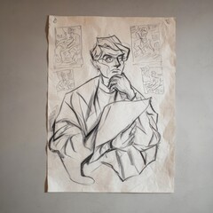 Obraz premium Charcoal sketch on aged paper, a thoughtful figure with drawings in the background