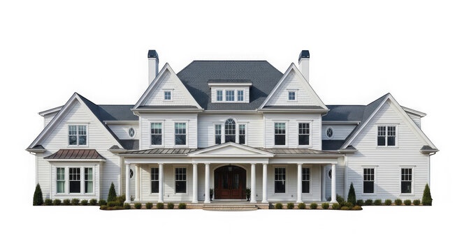 Large white victorian house with gray roof and columns isolated on transparent background