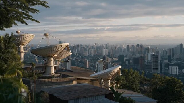 An urban landscape featuring a roof topped with multiple satellite dish internet connections, illustrating the growing demand for reliable internet services in bustling city life and neighborhoods.