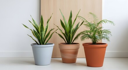 Fototapeta premium Three potted plants on a white floor
