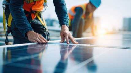 Solar Panel Installation by Construction Workers, Renewable Energy Project Development and Maintenance on Building Rooftop