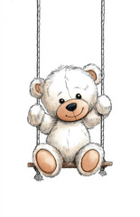 a watercolor pencil drawing of a teddy bear on a swing, 