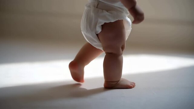 Capturing baby legs in diaper on white background offers a simple yet effective backdrop for promotional content related to diaper brands, baby clothing, or infant safety products, drawing