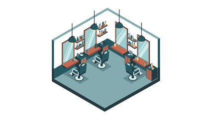 Obraz premium Modern isometric barber shop interior with chairs and mirrors in hexagonal layout