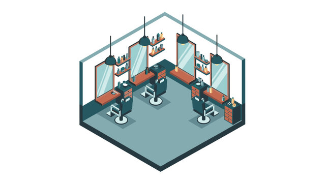 Modern isometric barber shop interior with chairs and mirrors in hexagonal layout