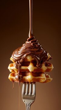 Chocolate cascade on waffles: A mouthwatering stack of golden-brown waffles, impaled on a fork, is lavishly drizzled with a rich, dark chocolate sauce, offering a delightful treat.
