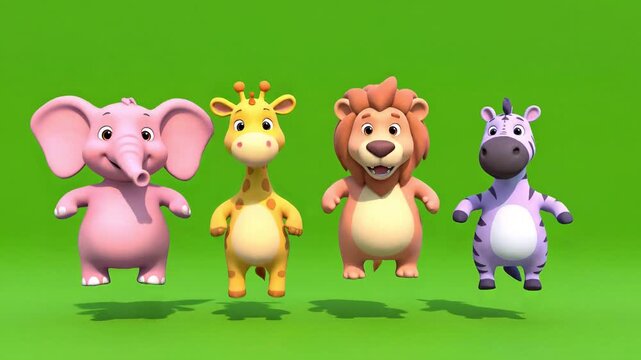 A colorful video featuring happy cartoon animals dancing together in unison