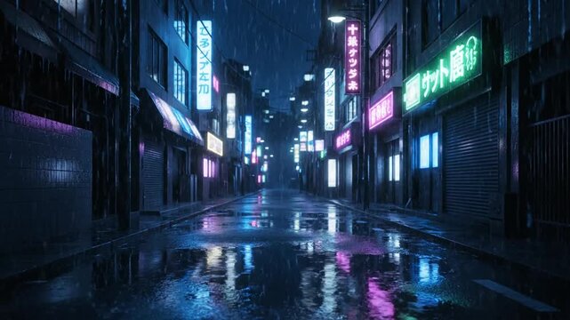 A dark alleyway in a Japanese city at night with neon signs in an anime style on a rainy evening.