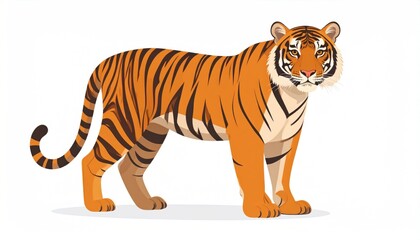 Obraz premium A majestic cartoon tiger stands, facing forward, showcasing its orange and black striped coat