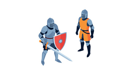 Obraz premium Medieval knights in armor engaging in a conversation on white background