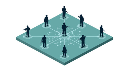 Connected soldiers in digital network matrix on isometric platform