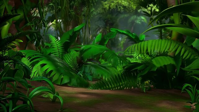 Dense animated jungle foliage background with ferns and tropical plants lush greenery for animated projects cartoon style