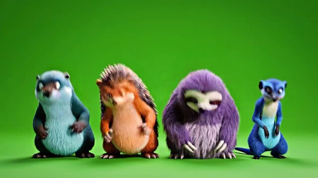 A group of colorful cartoon sloths standing together in a video
