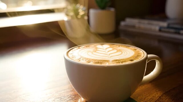 Close-up of a cozy cup of latte art coffee on a wooden table with warm sunlight.