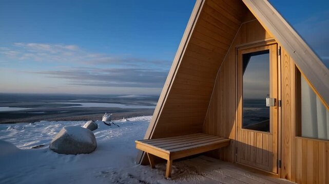 In a stunning snowy landscape, the wooden sauna offers a delightful contrast of warmth and nature, serving as a perfect refuge for relaxation amidst the breathtaking winter scenery. cinematic color