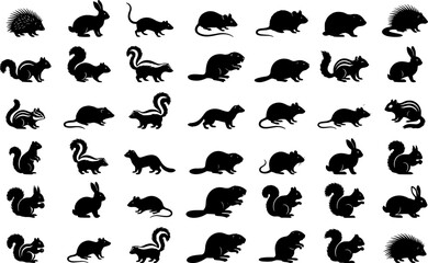 Fototapeta premium Small woodland animal silhouette collection featuring rabbits, squirrels, skunks, beavers, mice, and porcupines in multiple poses isolated on white background