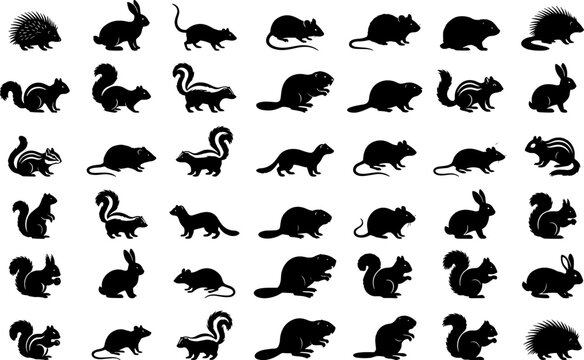 Small woodland animal silhouette collection featuring rabbits, squirrels, skunks, beavers, mice, and porcupines in multiple poses isolated on white background