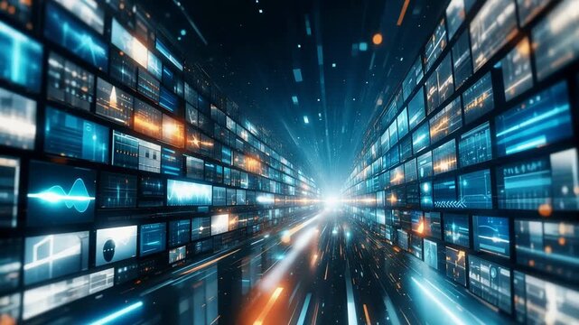 A dynamic wall of multiple digital screens displaying cinematic scenes in a futuristic environment. The concept of media consumption, information flow, digital storytelling, technology.