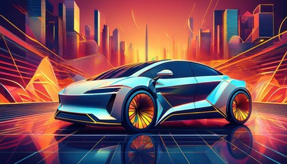 Futuristic electric car gleams before a stylized cityscape with vibrant light trails