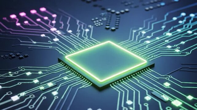 Abstract glowing blue digital circuit board with central processor chip