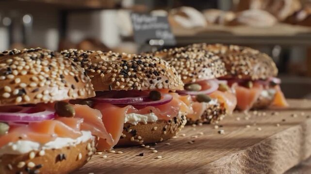 Row of delicious sesame seed bagels with smoked salmon, cream cheese, and capers