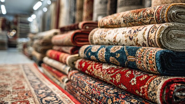 Stack of traditional oriental carpets in textile shop interior