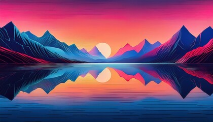Vivid sunset over mountain lake, mirrored reflection, bright neon hues