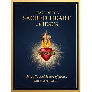Sacred Heart of Jesus glowing divine religious symbol with cross and flames on dark blue feast background for devotion and prayer