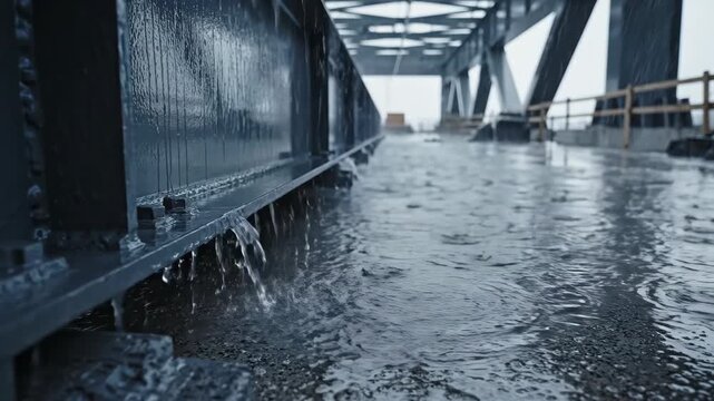 Heavy rain falling on dark gray steel structure of bridge, creating numerous puddles and water runoff, low angle view of construction during a storm.