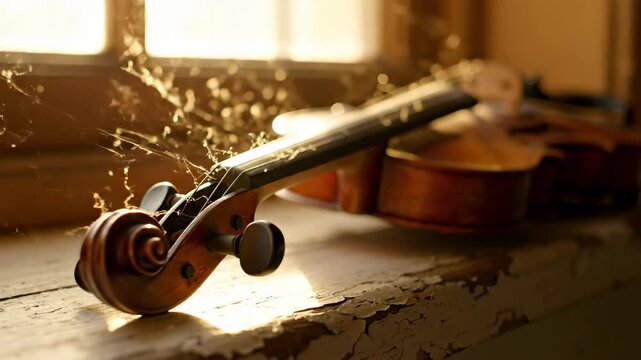 Violin on old windowsill with cobwebs and sunlight, symbolizing forgotten music and passage time, an antique string instrument