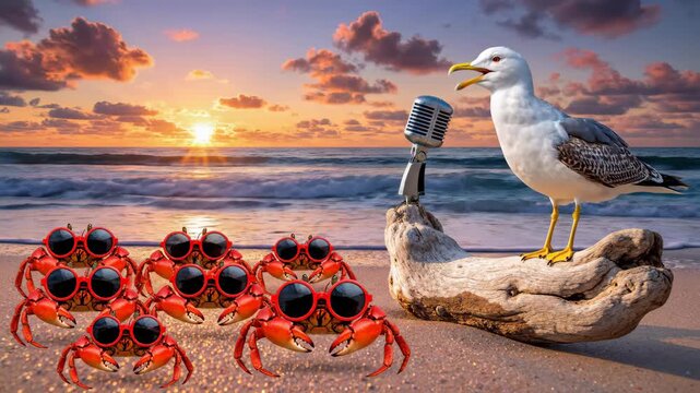 Seagull stands on driftwood with microphone, performing for audience of crabs wearing sunglasses on beach at sunset, vibrant sky and ocean waves