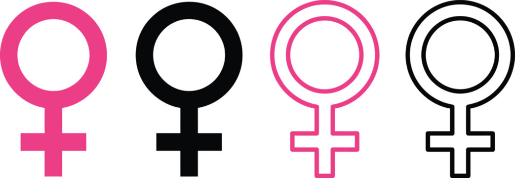 Collection of four female gender symbols in pink and black, with a variation of solid and outline designs, representing womanhood and femininity.