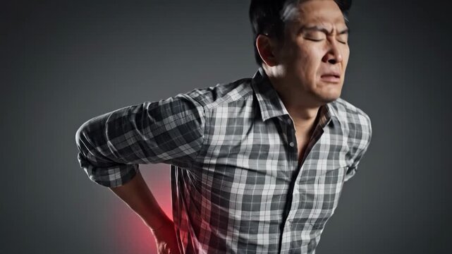 Man experiencing severe lower back pain with red highlight
